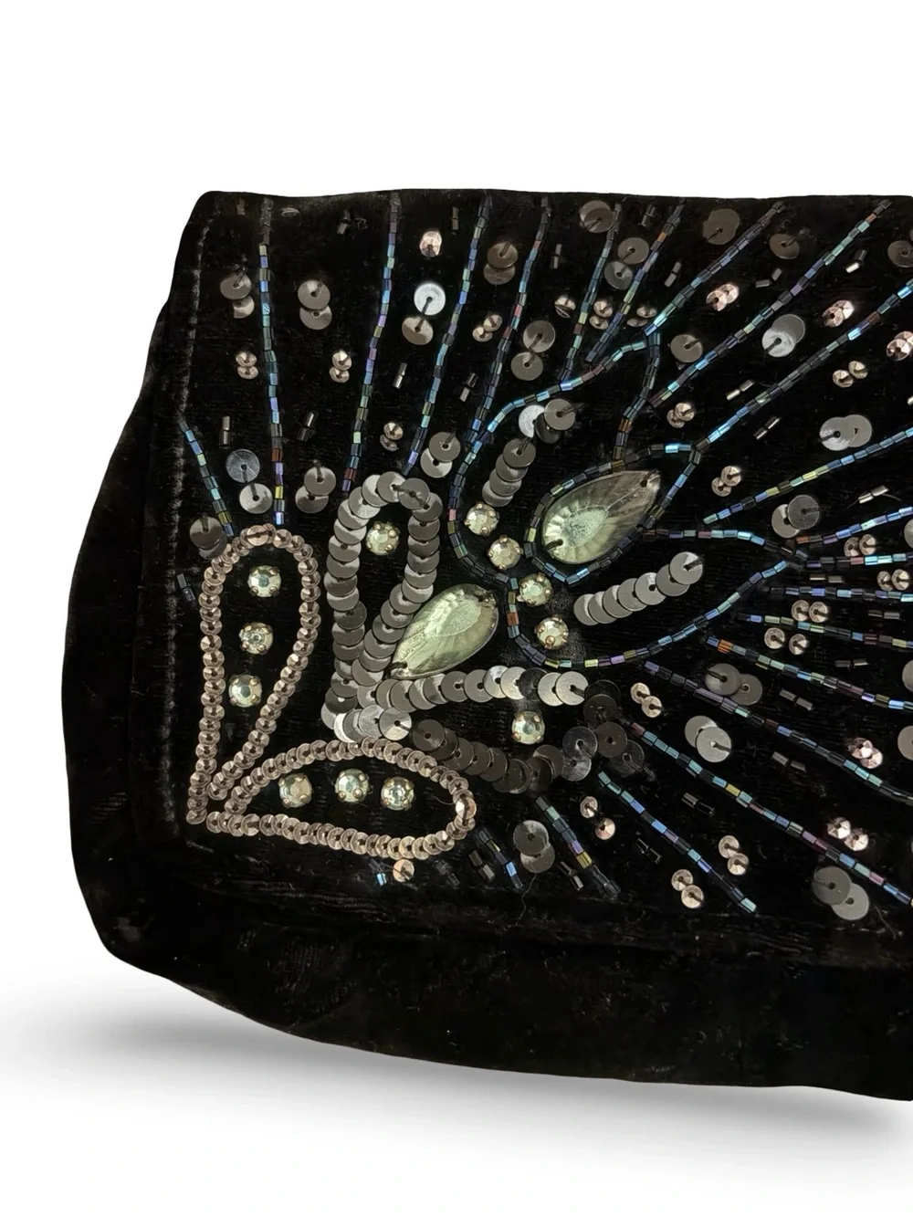 Ipa-Nima Black Beaded Peacock Clutch Evening Bag Embellished Velvet Handmade